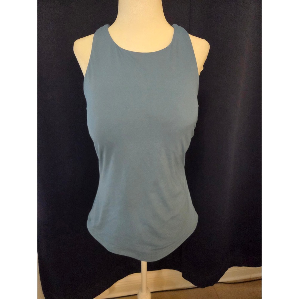Athleta Blue High Neck Tankini Swim Top 38D/DD Open Back Hook Closure